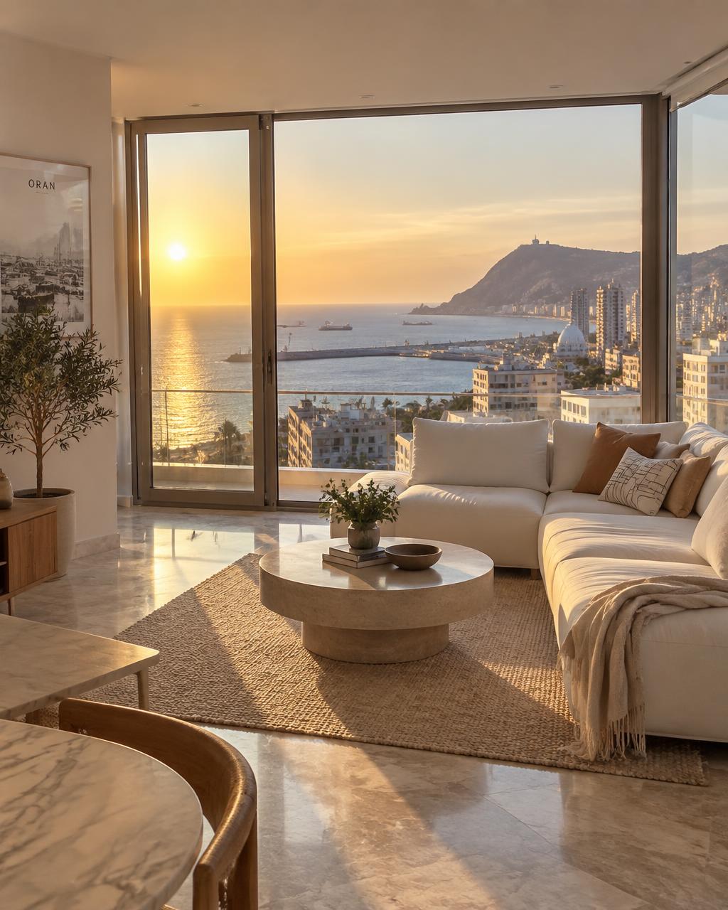 Salon lumineux d'un appartement avec vue sur la Méditerranée